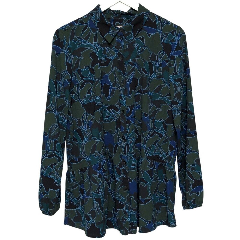 LOGO Lori Goldstein Blouse Small Green Floral Ruffle Hem Tunic Top